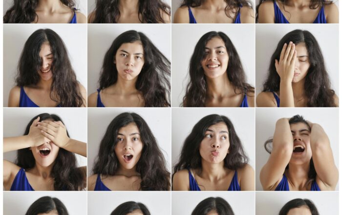 Collage of portraits of happy expressive lady with different cheerful expressions while looking at camera